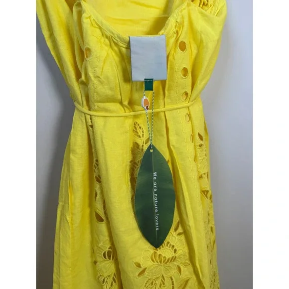 Farm Rio Yellow Floral Eyelet Midi Dress Scalloped Hem Tie Waist NWT